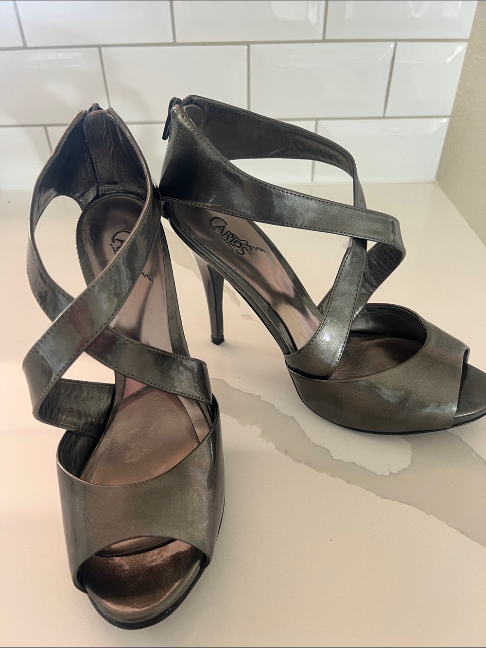 Carlos by Carlos Santana Metallic Pewter Strappy Peep-Toe Heels